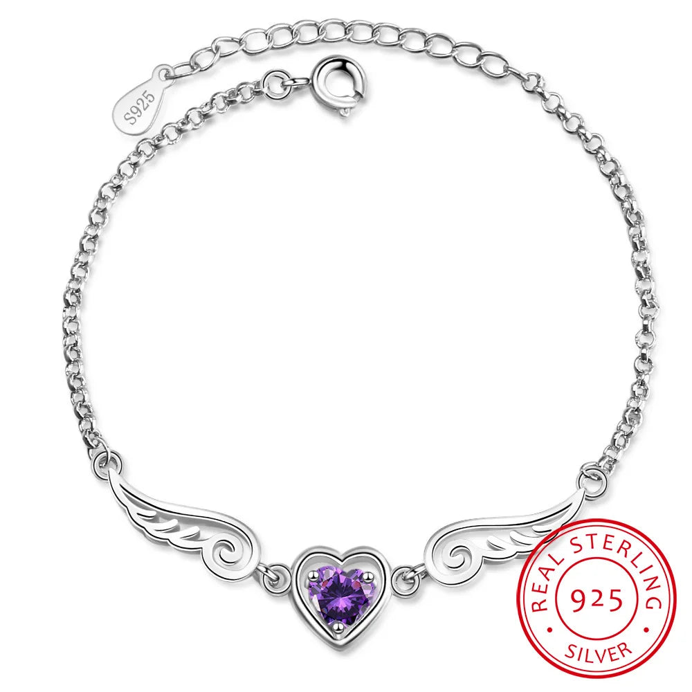 925 Sterling Silver Zirconia Angel Wings Heart Bracelet