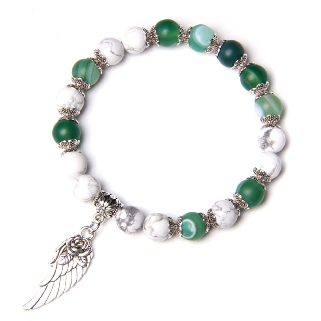 Natural Stone Beads Angel Wing Charm Bracelet