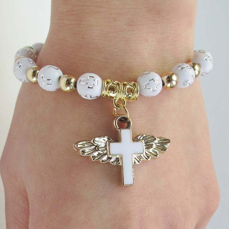 My Guardian Angel Wing Cross Beaded Bracelet